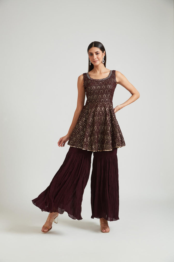 Neerus Brown georgette printed kurta set - front view