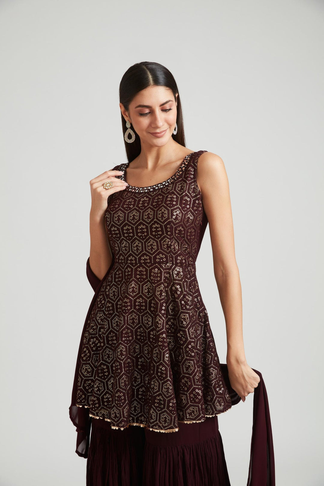 Neerus Brown georgette printed kurta set - detail view 4