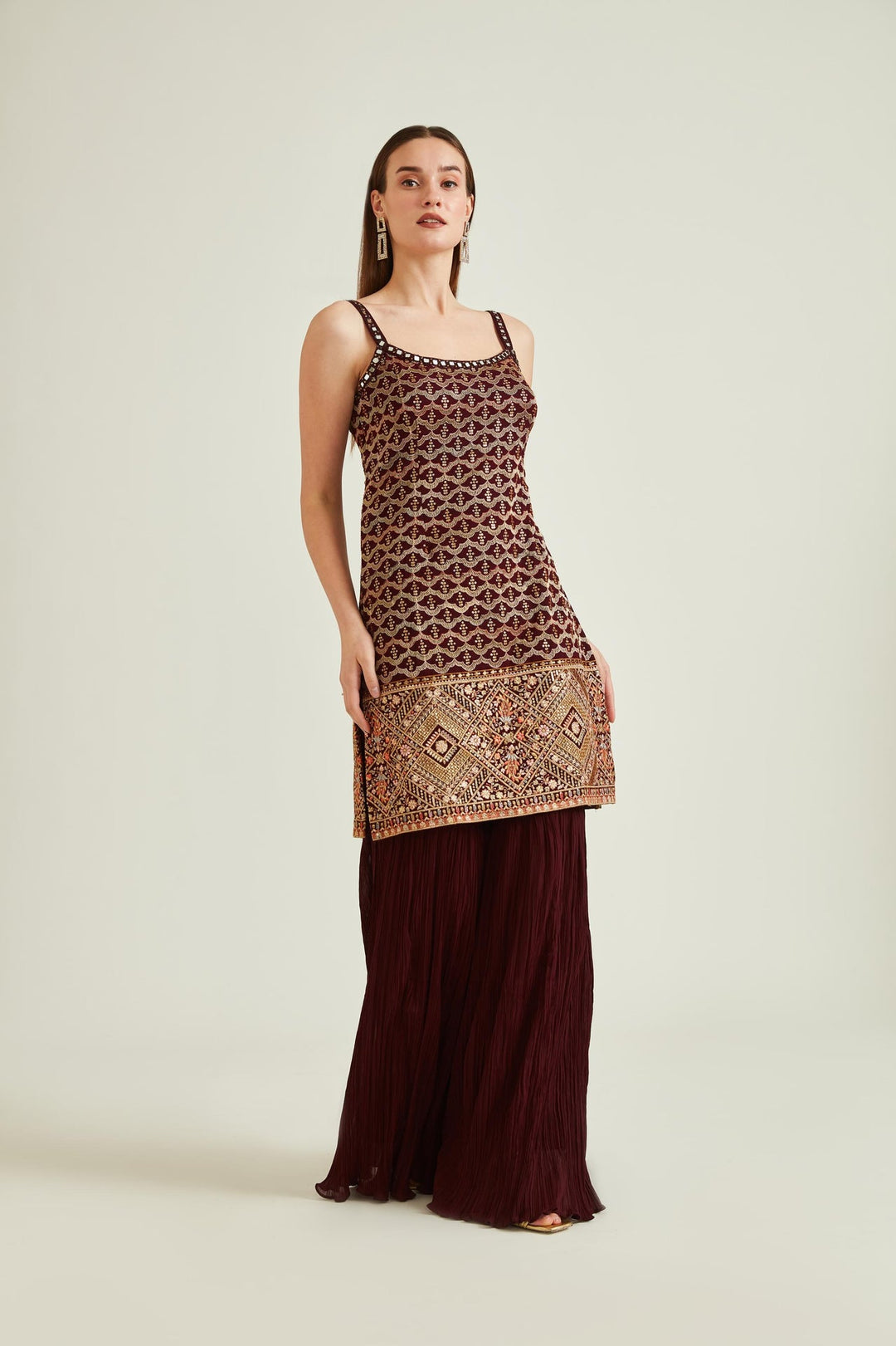 Neerus Maroon Georgette Embroidered Kurta Set - front view
