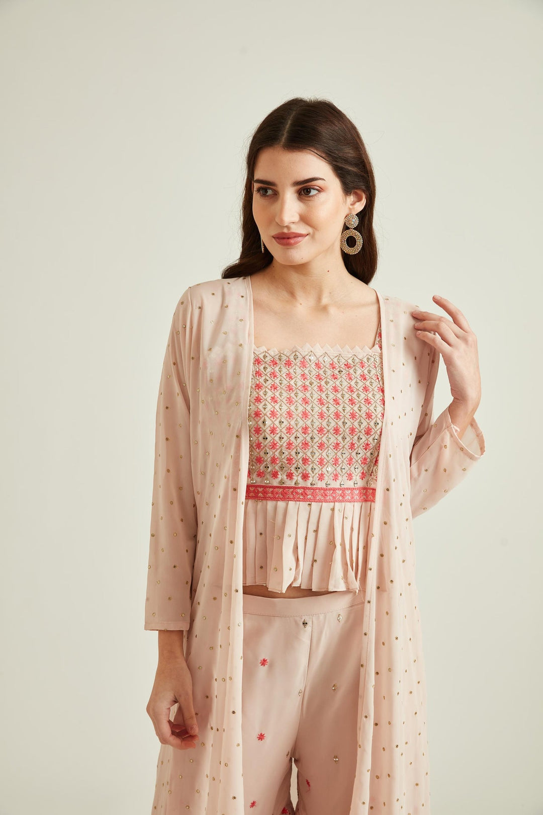 Neerus Pink georgette straight kurta set - front view