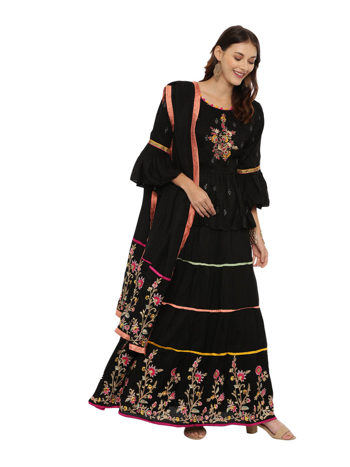 Neerus Black embellished kurti with skirt and dupatta - front view
