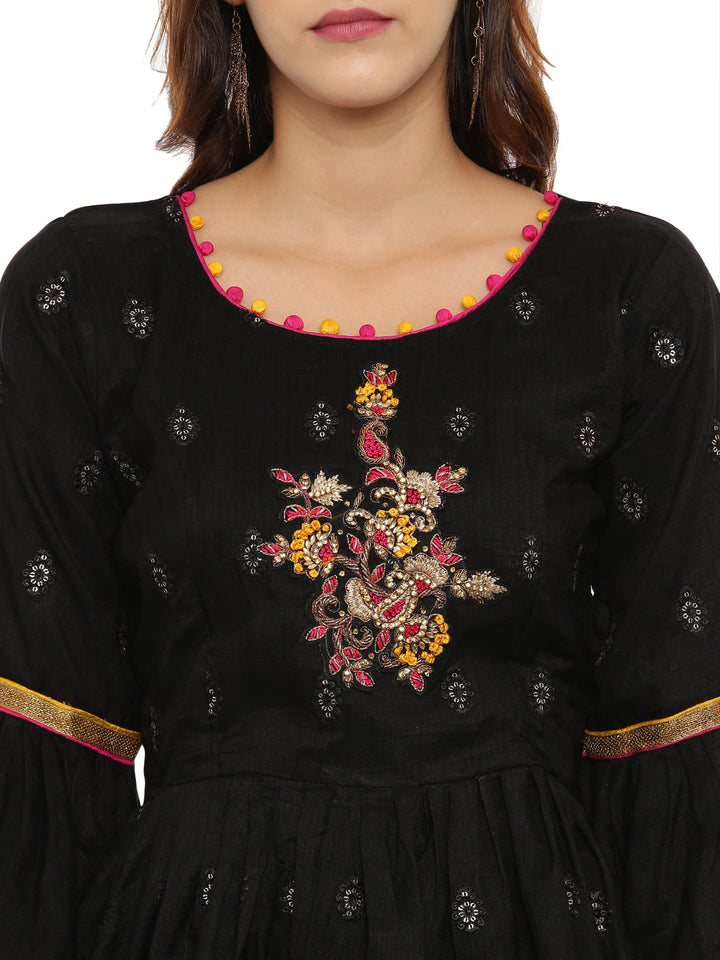 Neerus Black embellished kurti with skirt and dupatta - back view