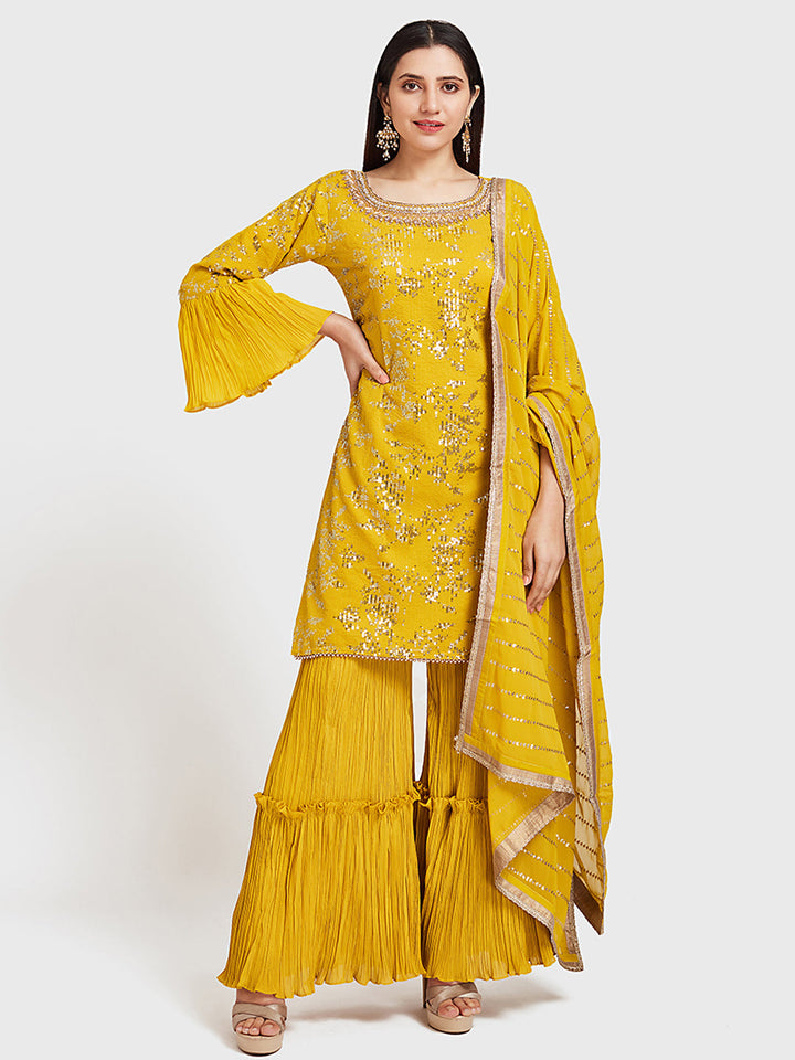 Neerus Yellow embellished sharara set kurta dupatta - detail view 3