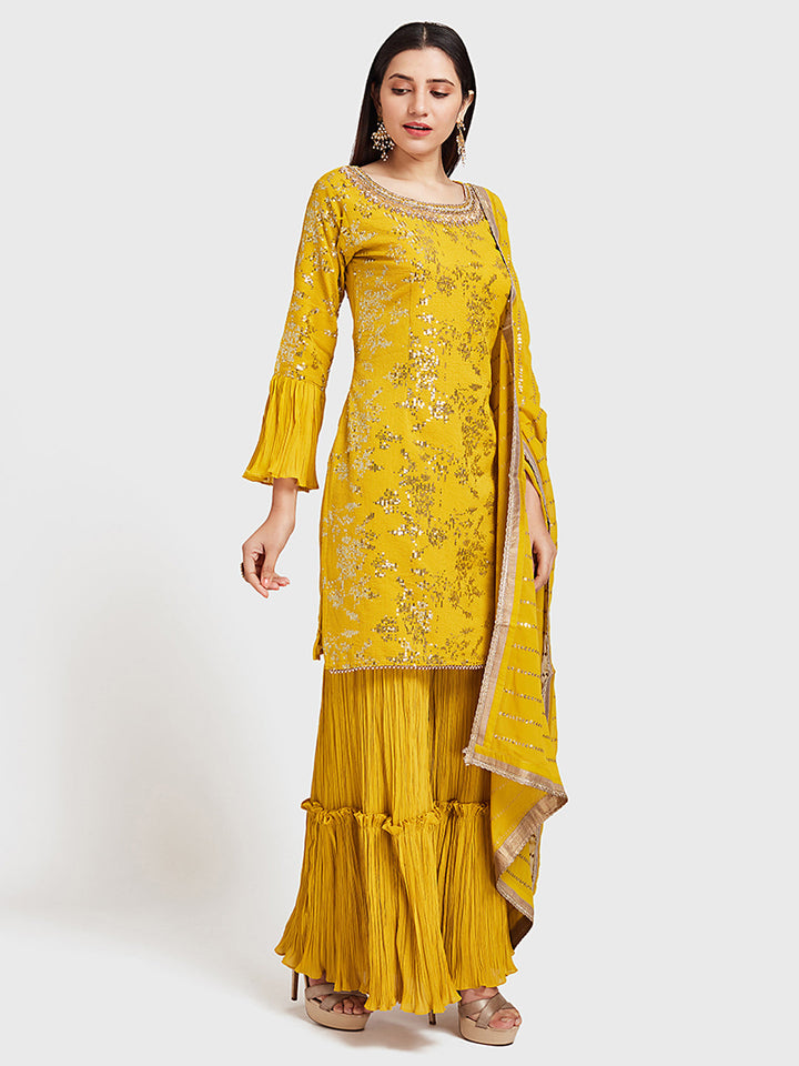 Neerus Yellow embellished sharara set kurta dupatta - front view