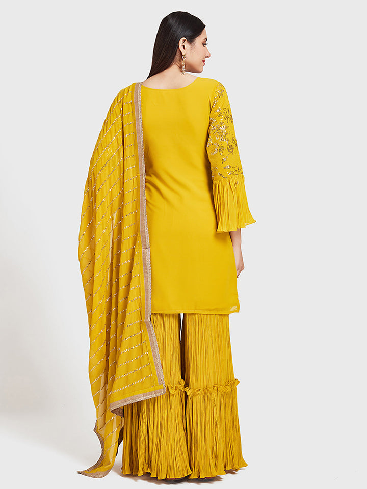 Neerus Yellow embellished sharara set kurta dupatta - back view