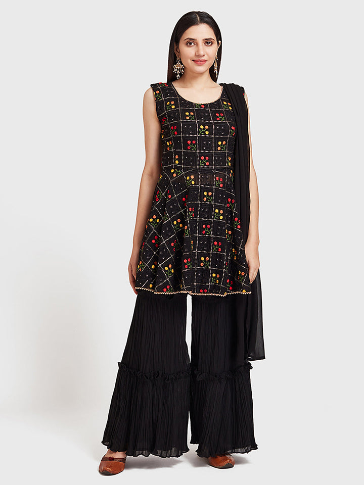 Neerus Black embellished anarkali suit set with sharara dupatta - detail view 3