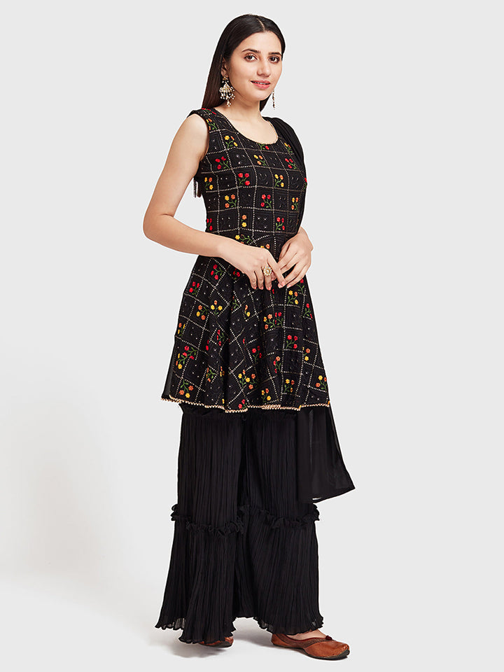 Neerus Black embellished anarkali suit set with sharara dupatta - front view