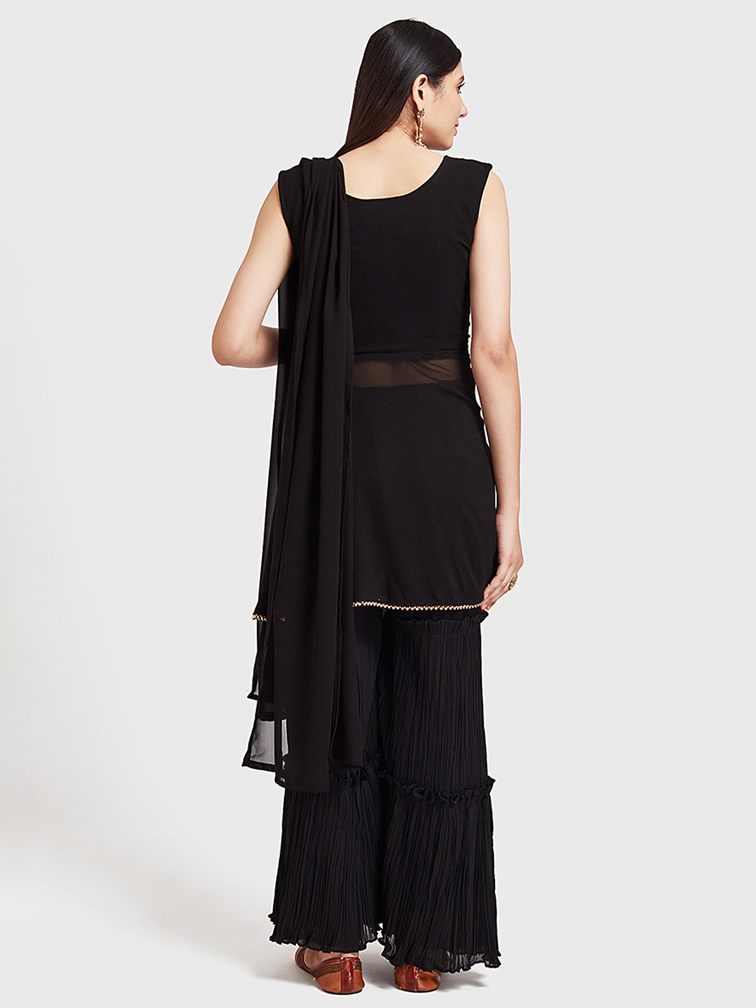 Neerus Black embellished anarkali suit set with sharara dupatta - back view