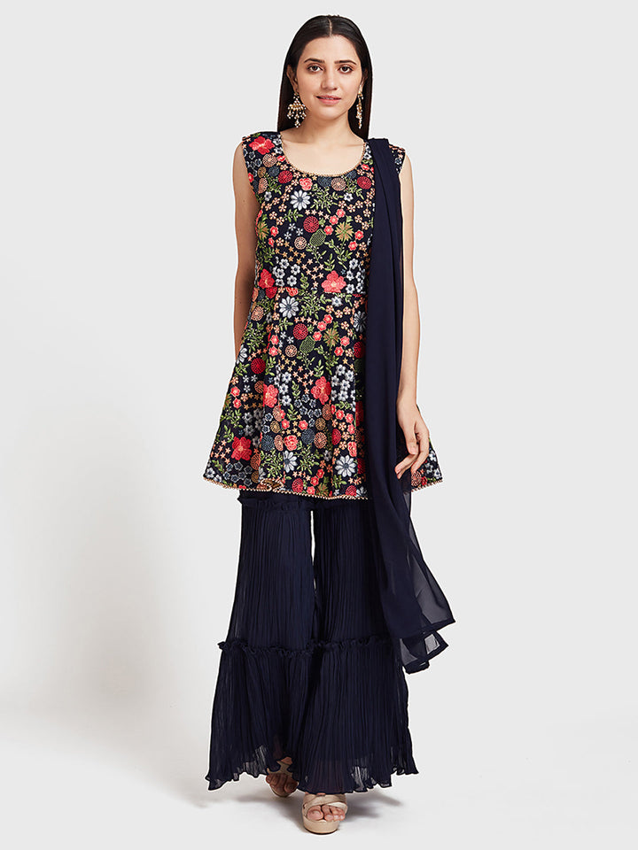 Neerus Blue embroidered anarkali sharara set - detail view 3