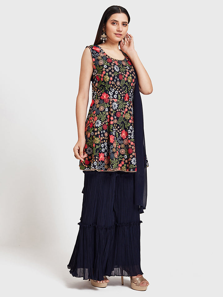 Neerus Blue embroidered anarkali sharara set - front view