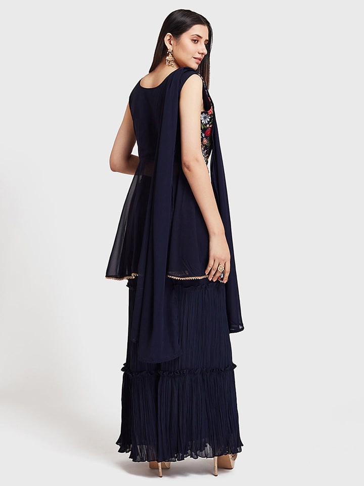 Neerus Blue embroidered anarkali sharara set - back view