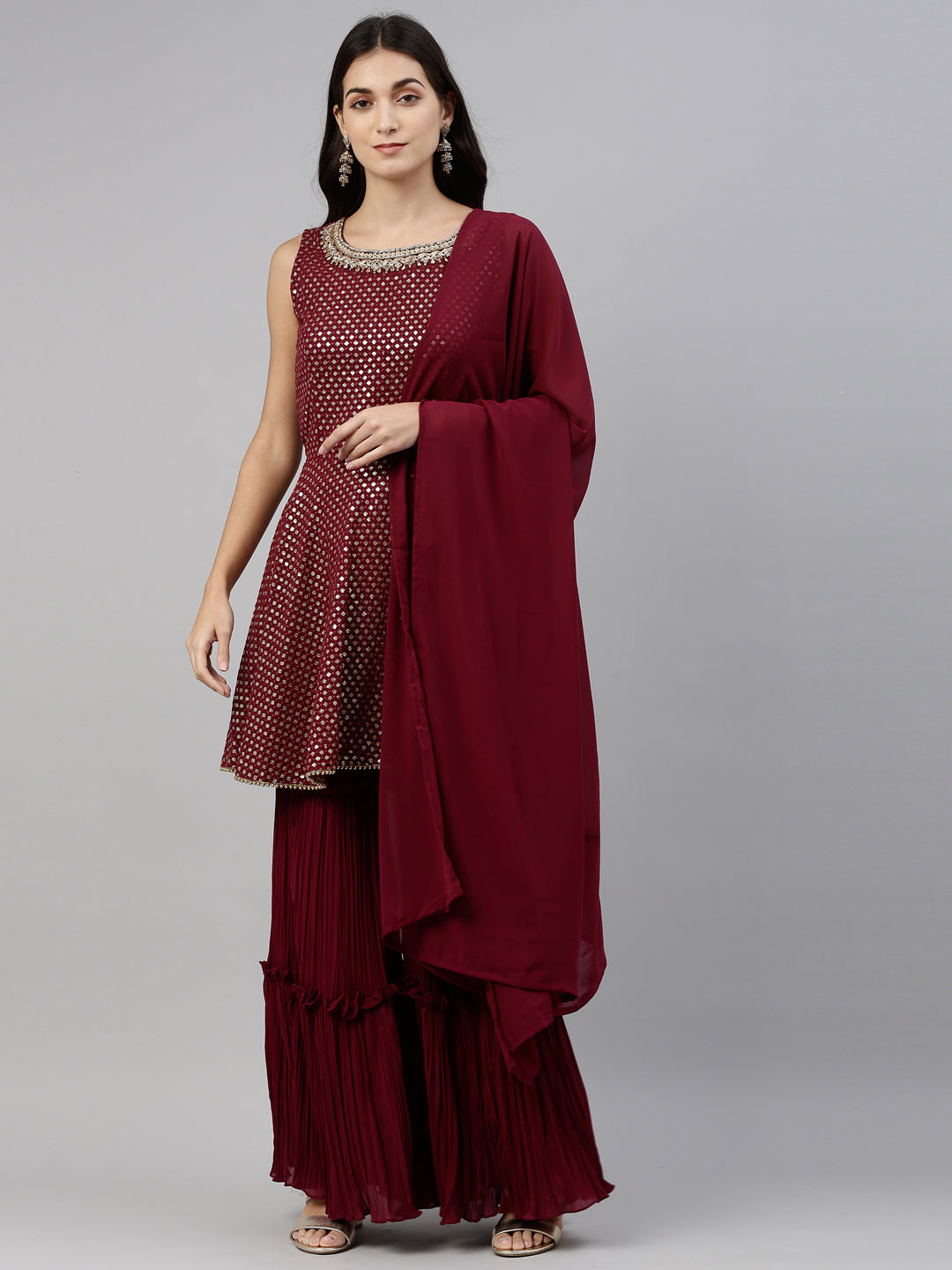 Neerus Maroon Georgette Embroidered Anarkali Suit Set - front view