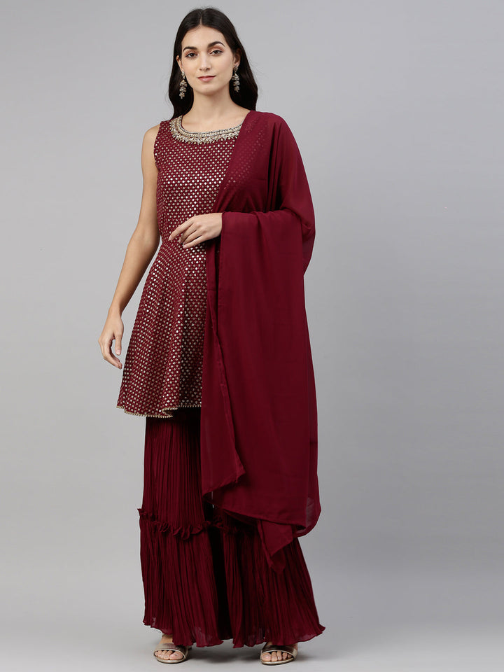 Neerus Maroon Georgette Embroidered Anarkali Suit Set - front view