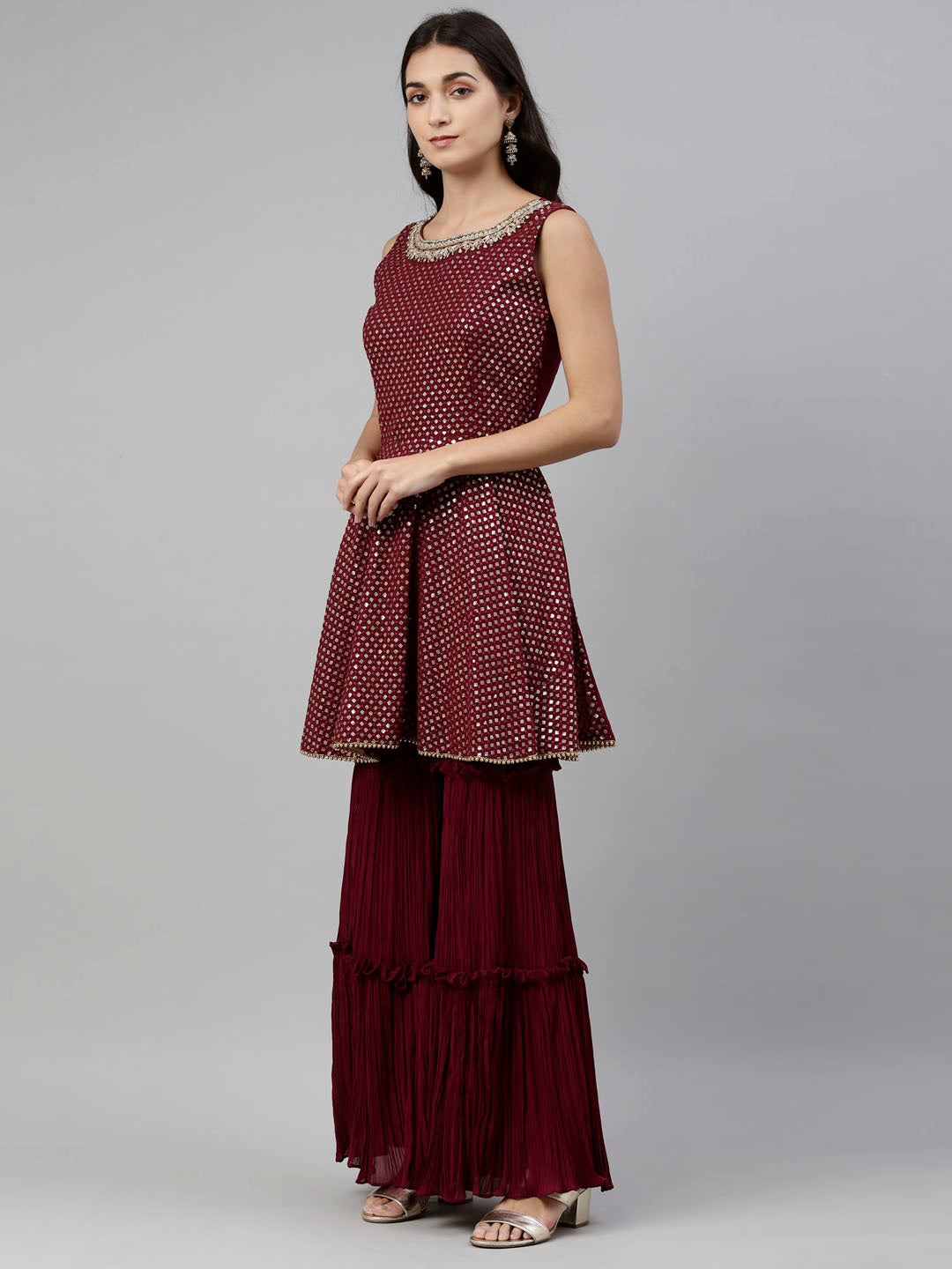 Neerus Maroon Georgette Embroidered Anarkali Suit Set - side view