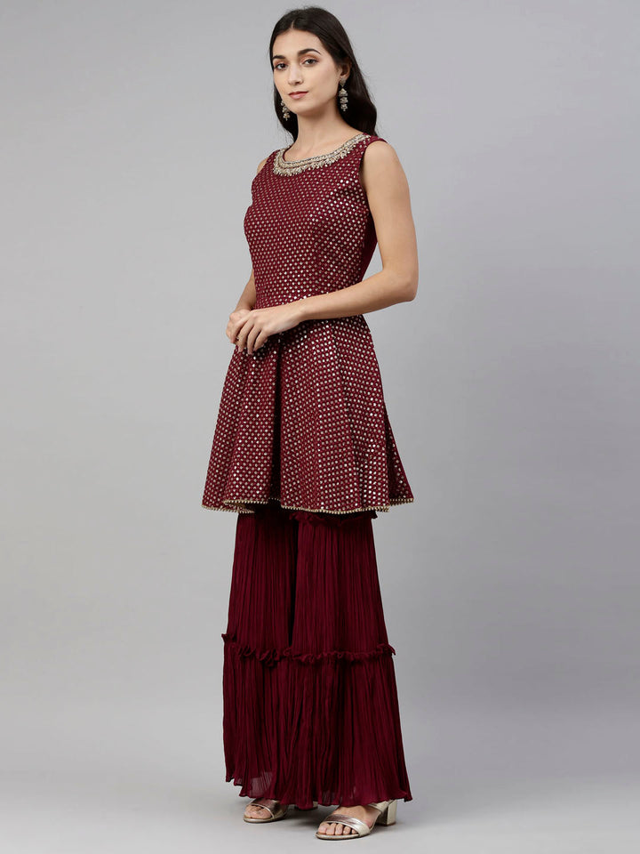 Neerus Maroon Georgette Embroidered Anarkali Suit Set - side view