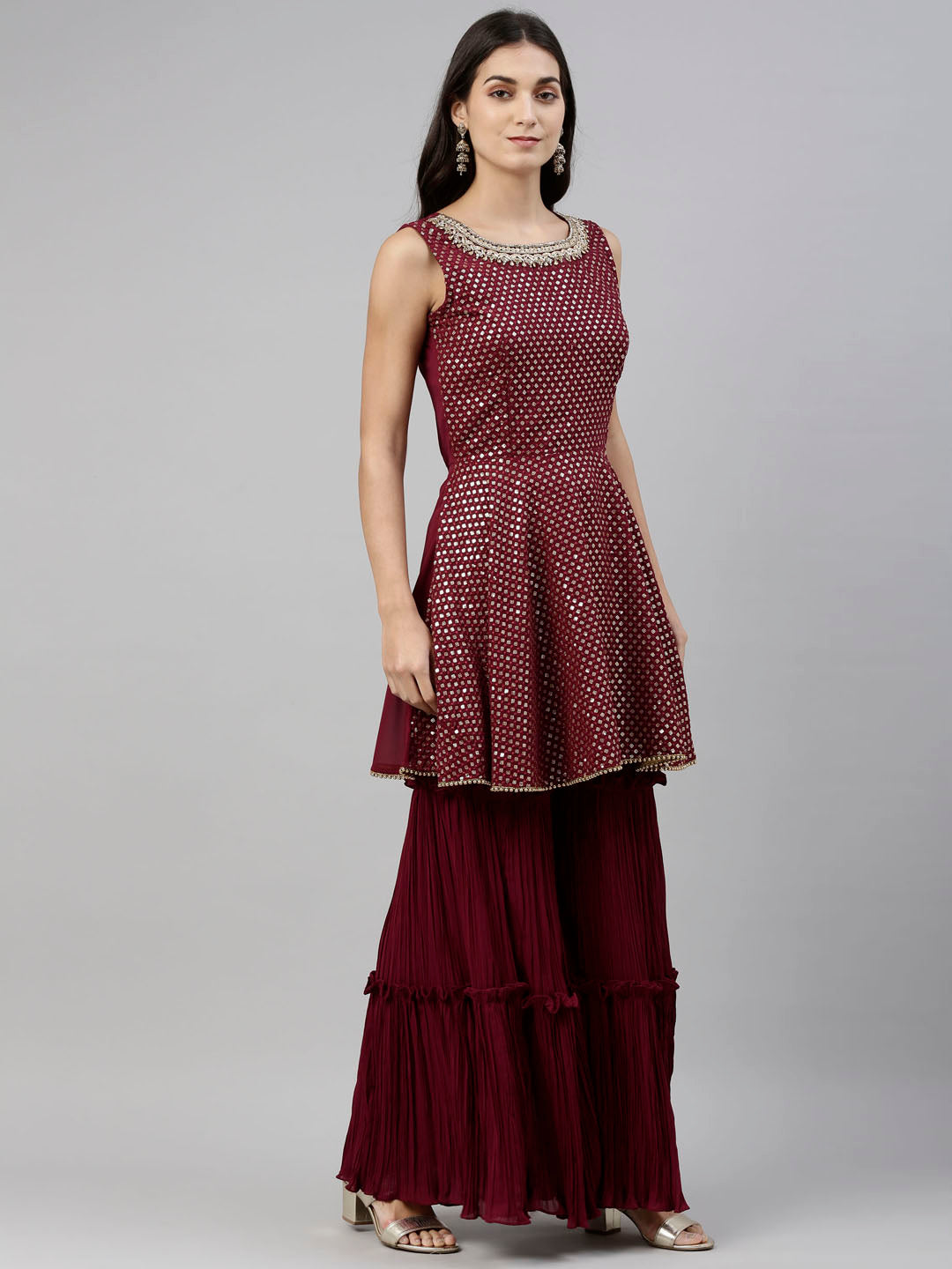 Neerus Maroon Georgette Embroidered Anarkali Suit Set - back view