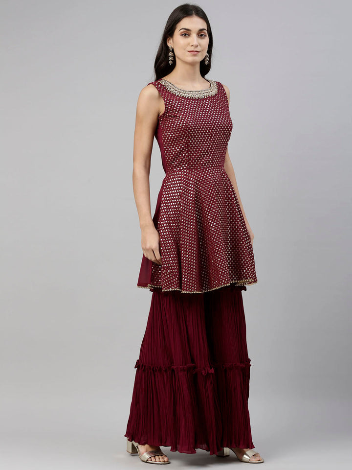 Neerus Maroon Georgette Embroidered Anarkali Suit Set - back view