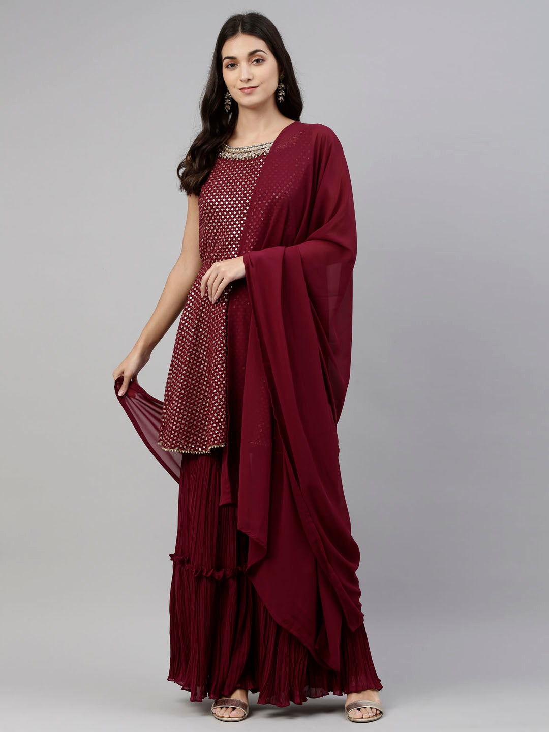 Neerus Maroon Georgette Embroidered Anarkali Suit Set - detail view 2