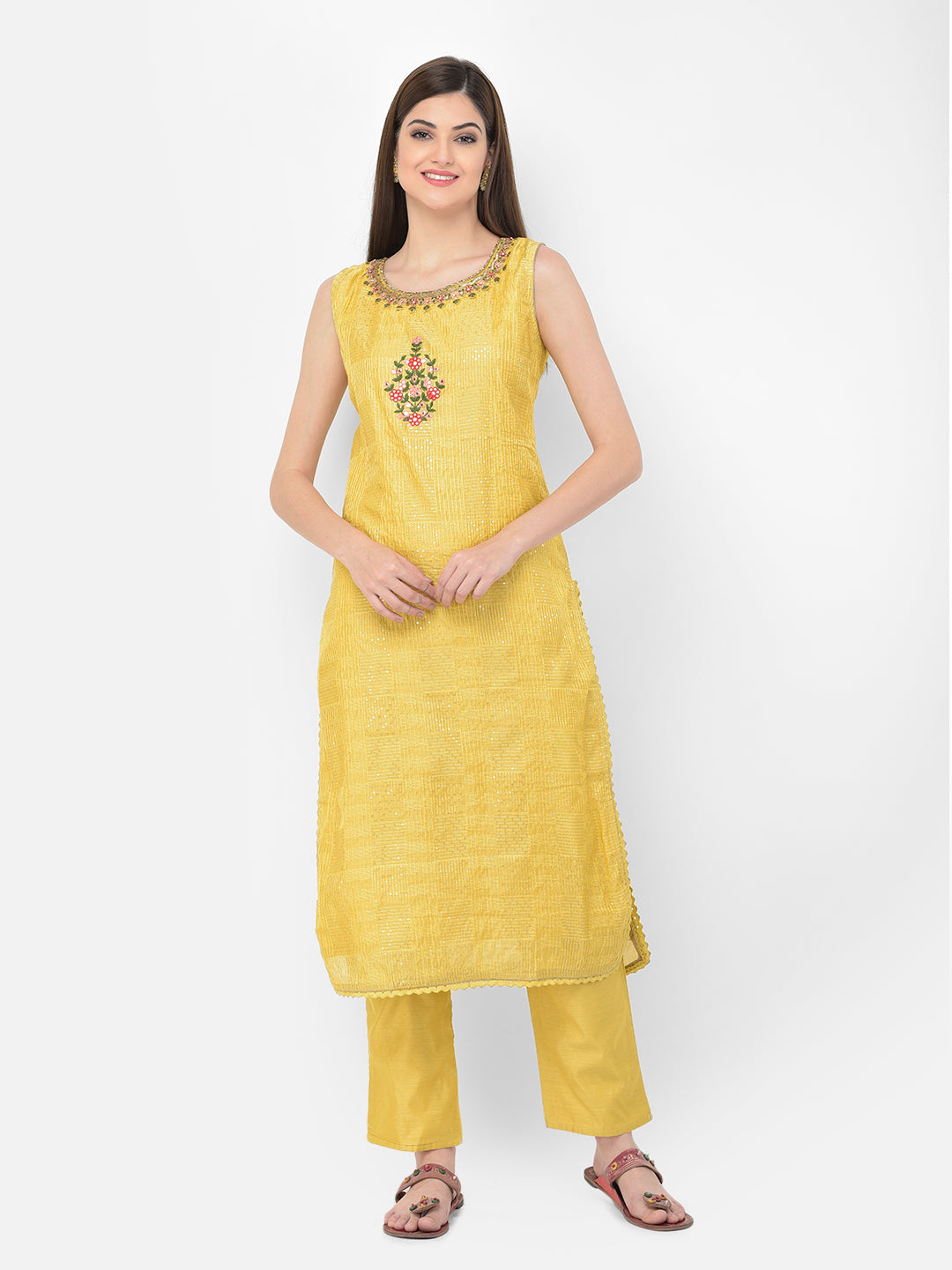 Neerus Yellow Chanderi Straight Suit Set - detail view 7
