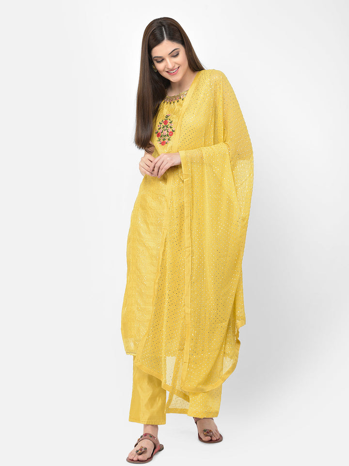 Neerus Yellow Chanderi Straight Suit Set - back view