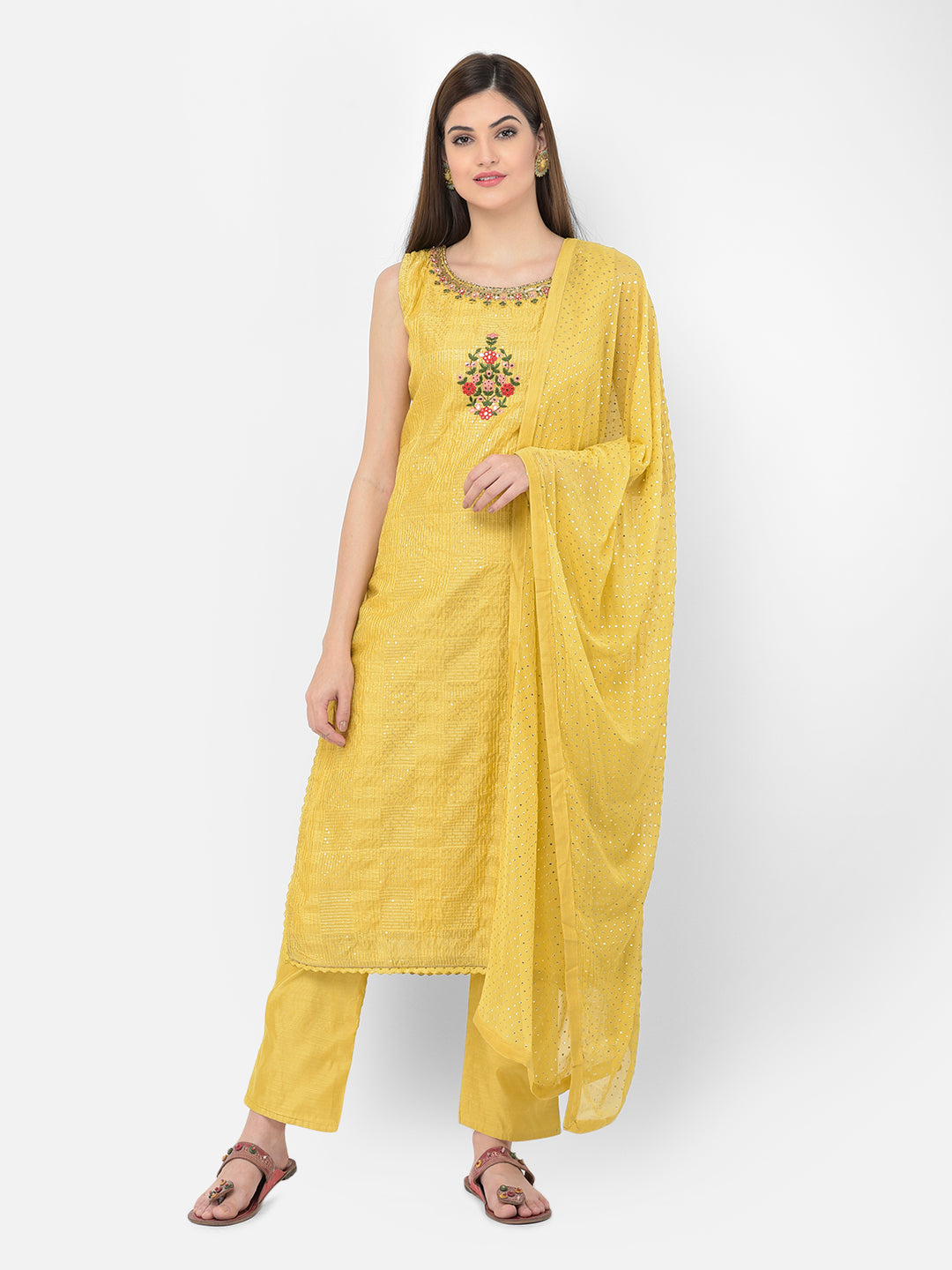 Neerus Yellow Chanderi Straight Suit Set - front view