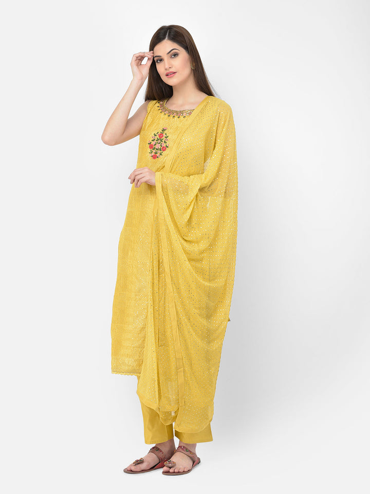 Neerus Yellow Chanderi Straight Suit Set - side view