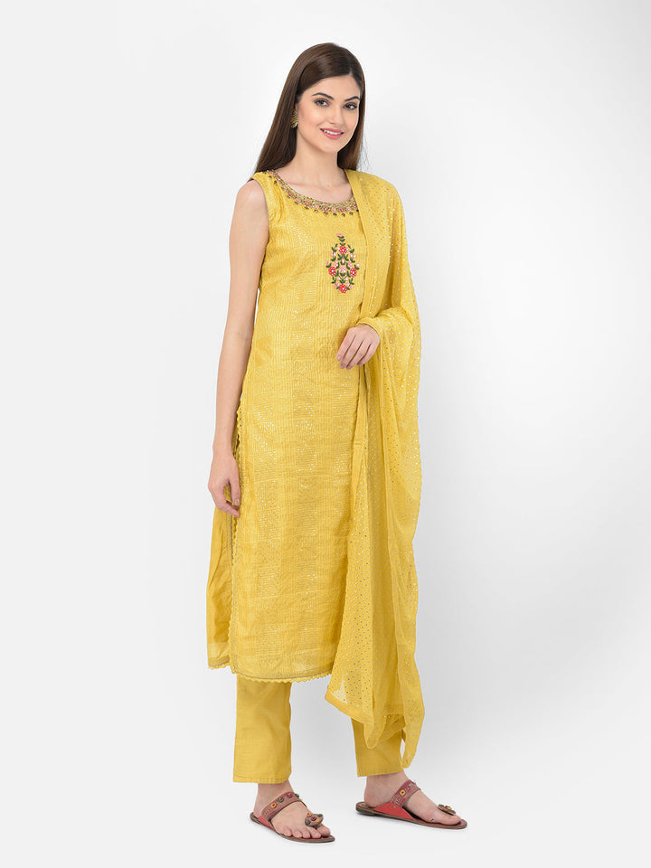 Neerus Yellow Chanderi Straight Suit Set - detail view 1