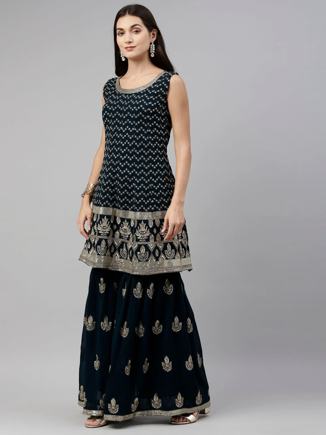 Neerus Blue georgette embroidered anarkali suit set - side view