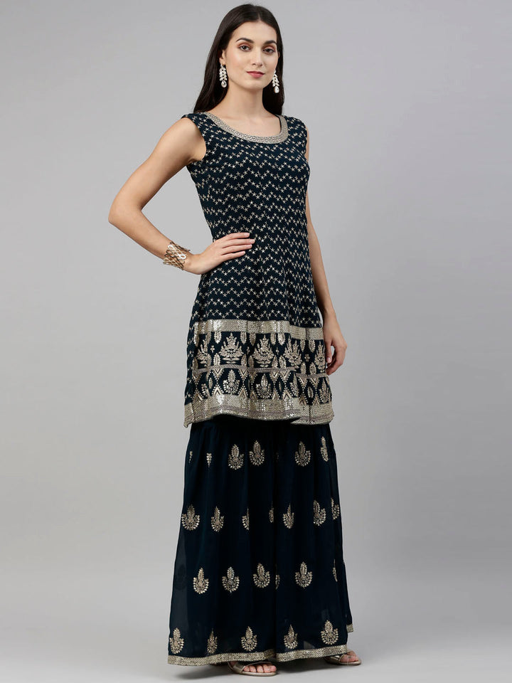 Neerus Blue georgette embroidered anarkali suit set - detail view 1