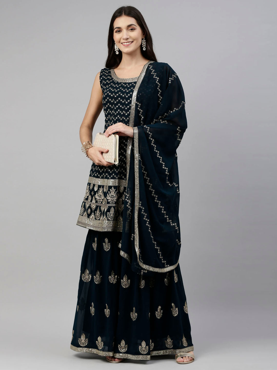 Neerus Blue georgette embroidered anarkali suit set - detail view 3