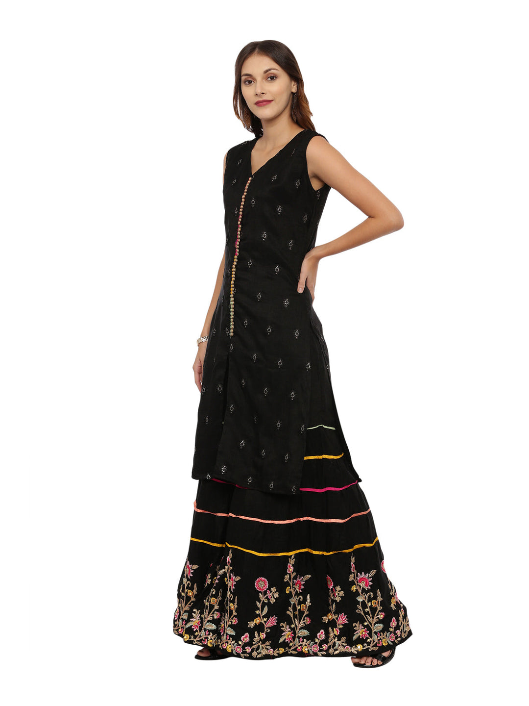 Neerus Black embellished kurta set with skirt and dupatta - detail view 2