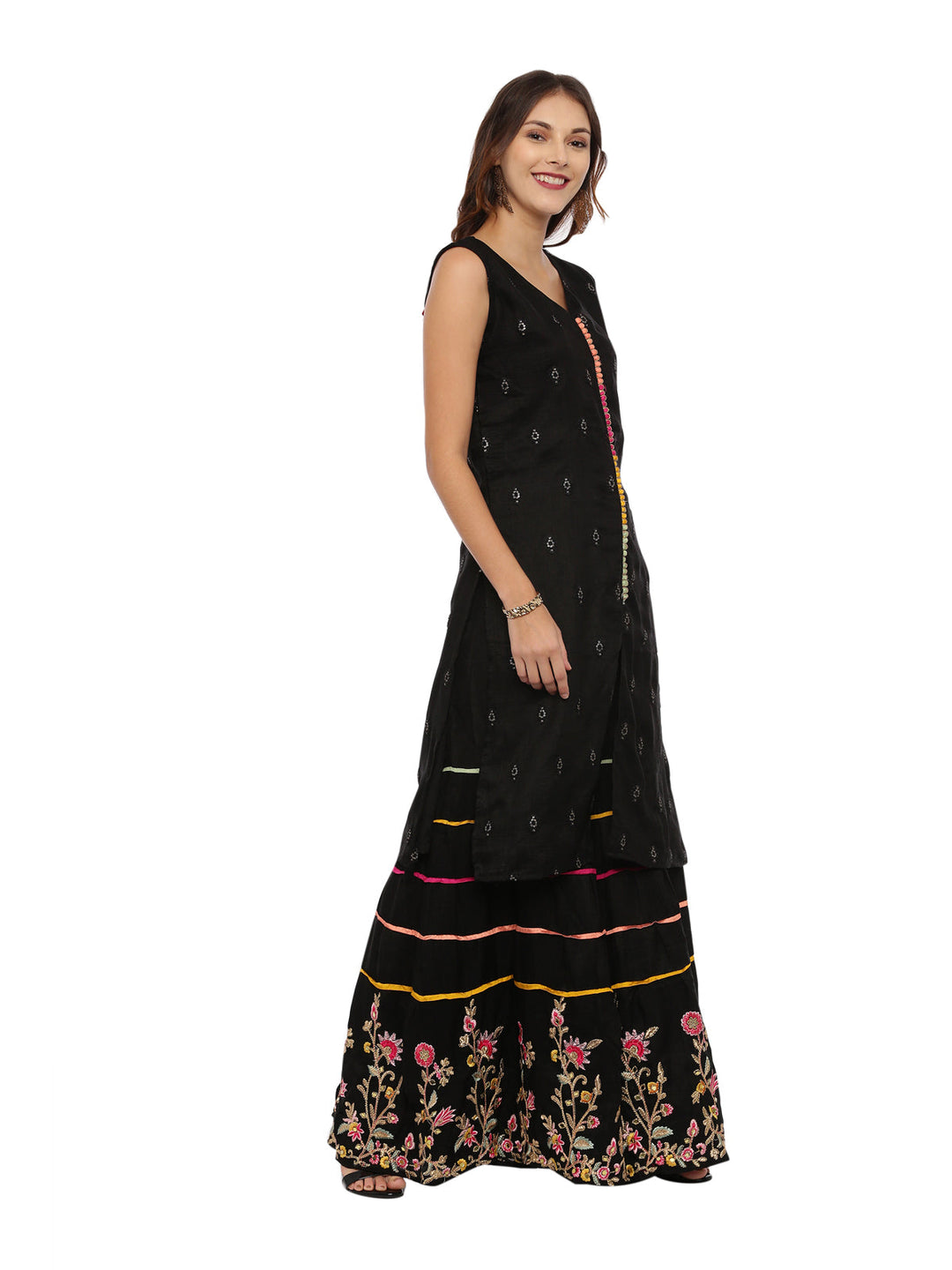 Neerus Black embellished kurta set with skirt and dupatta - side view