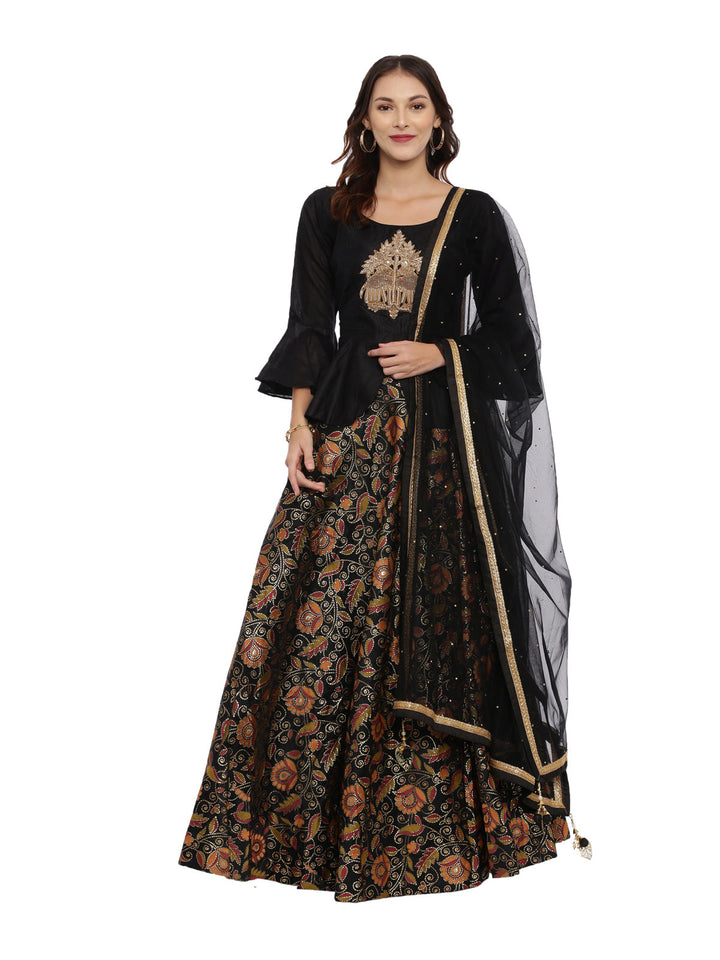 Neerus Black Chanderi peplum suit set - front view
