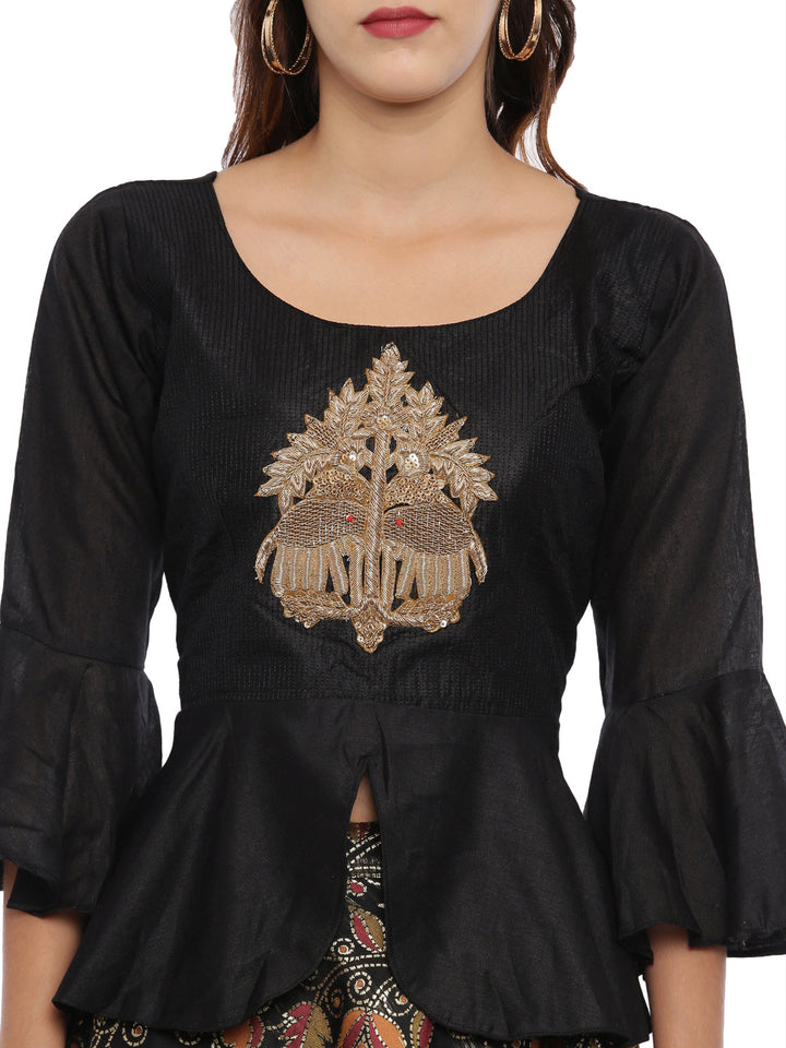 Neerus Black Chanderi peplum suit set - back view