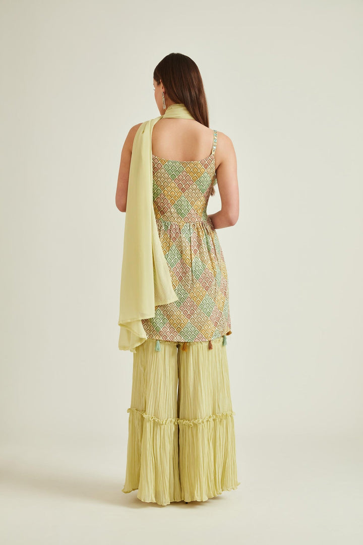 Neerus Green georgette embroidered kurta set with sharara and dupatta - side view