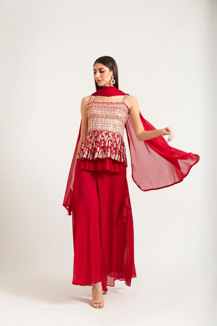 Neerus Pink georgette embroidered suit set - front view