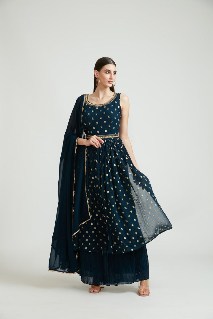 Neerus Blue Georgette Printed Suit Set - front view