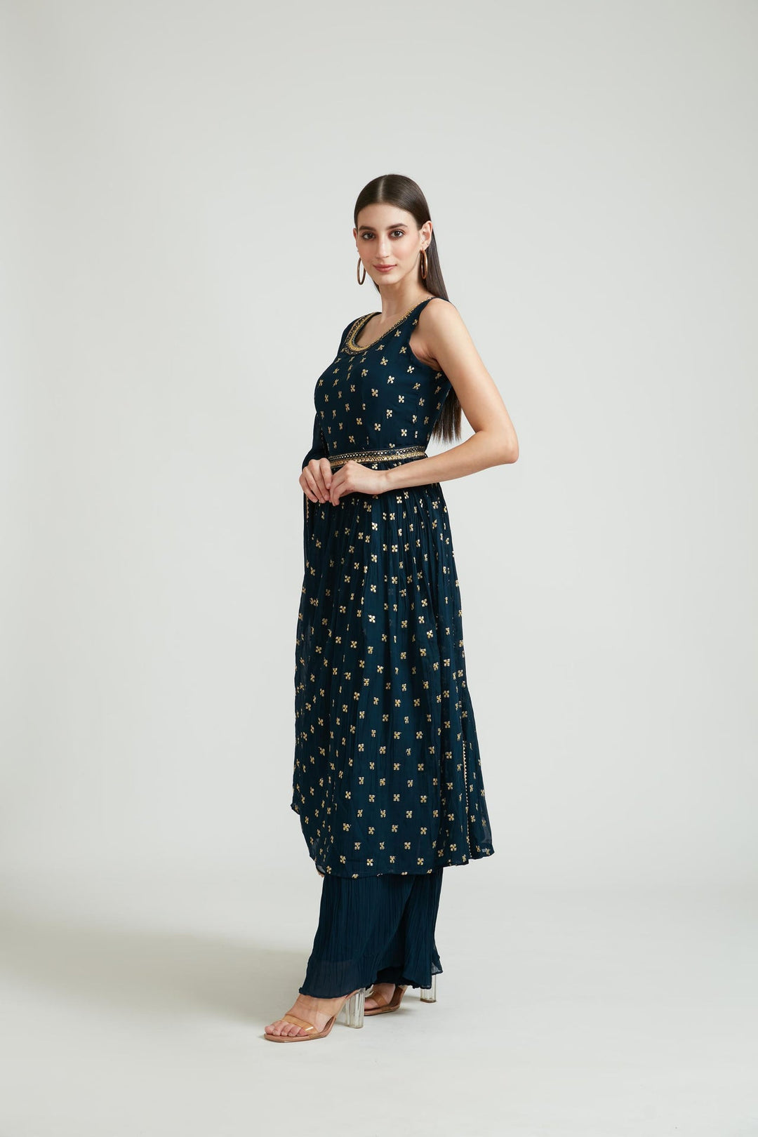 Neerus Blue Georgette Printed Suit Set - back view