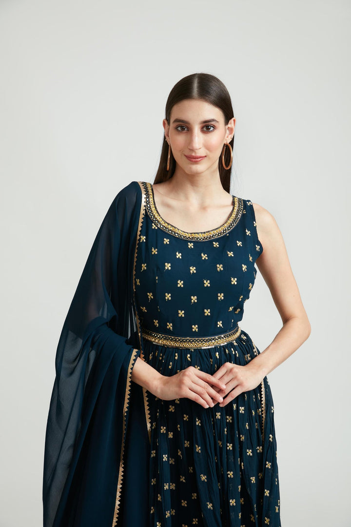 Neerus Blue Georgette Printed Suit Set - side view