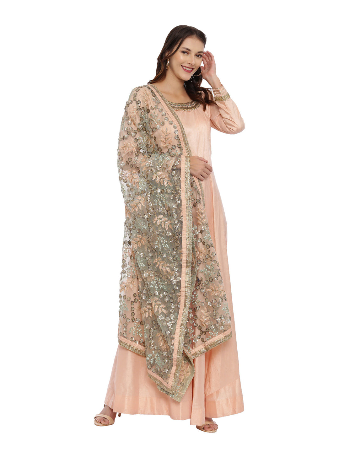 Neerus Orange raw silk anarkali suit set - front view