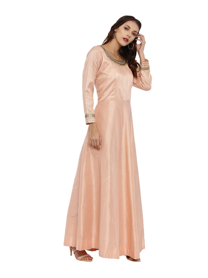 Neerus Orange raw silk anarkali suit set - side view