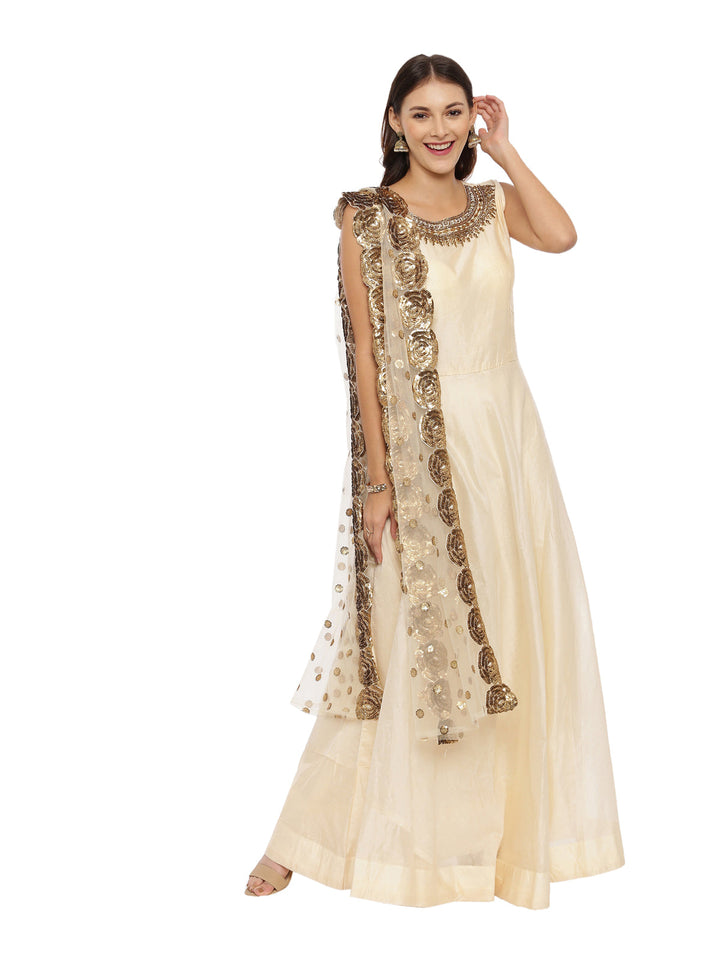 Neerus Beige embellished anarkali kurta set - front view