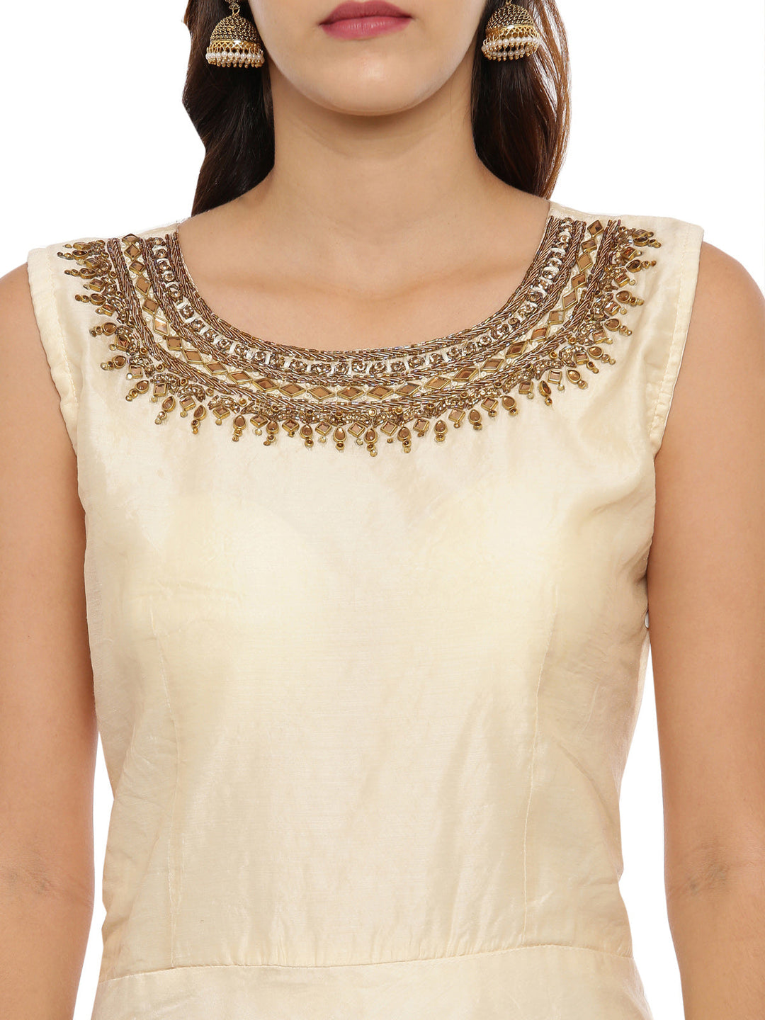 Neerus Beige embellished anarkali kurta set - back view