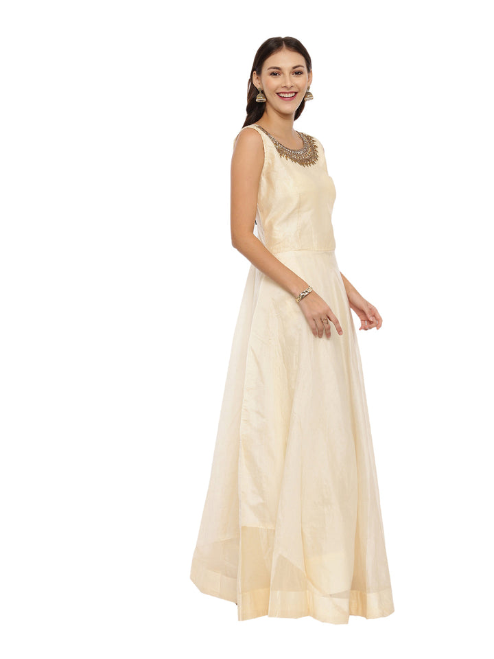 Neerus Beige embellished anarkali kurta set - side view