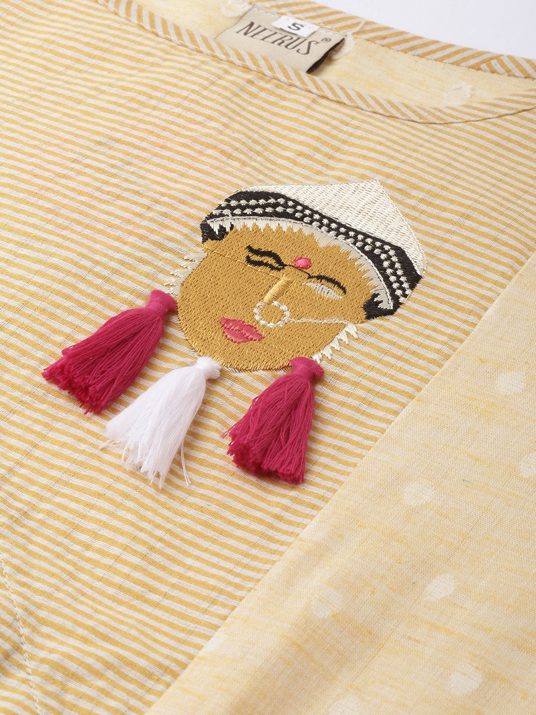 Neerus Yellow cotton embroidered A-Line kurta - side view