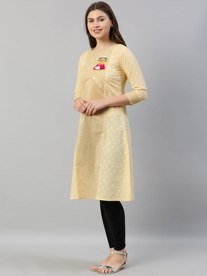 Neerus Yellow cotton embroidered A-Line kurta - detail view 2