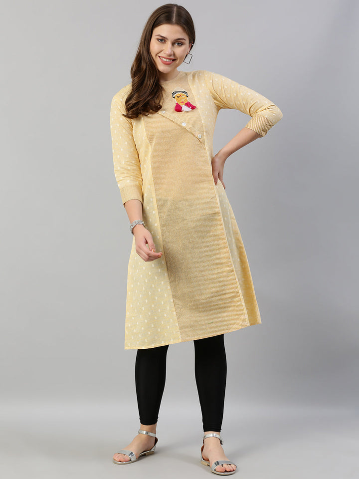 Neerus Yellow cotton embroidered A-Line kurta - detail view 4