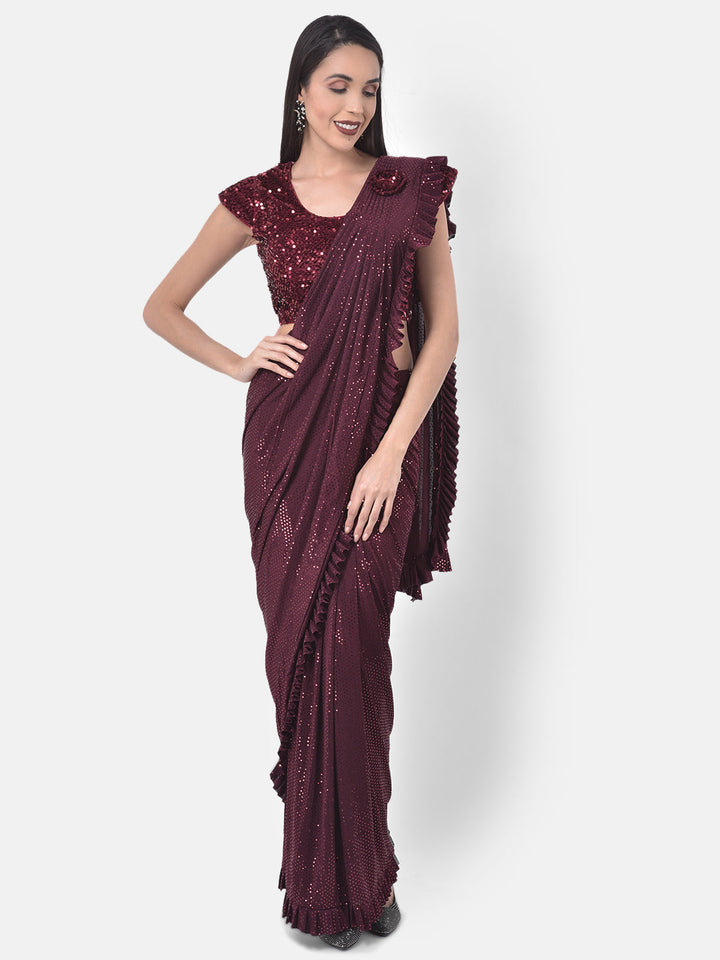 Neerus Maroon embellished ready-to-wear saree - front view
