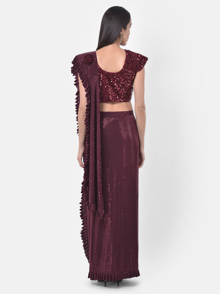 Neerus Maroon embellished ready-to-wear saree - back view
