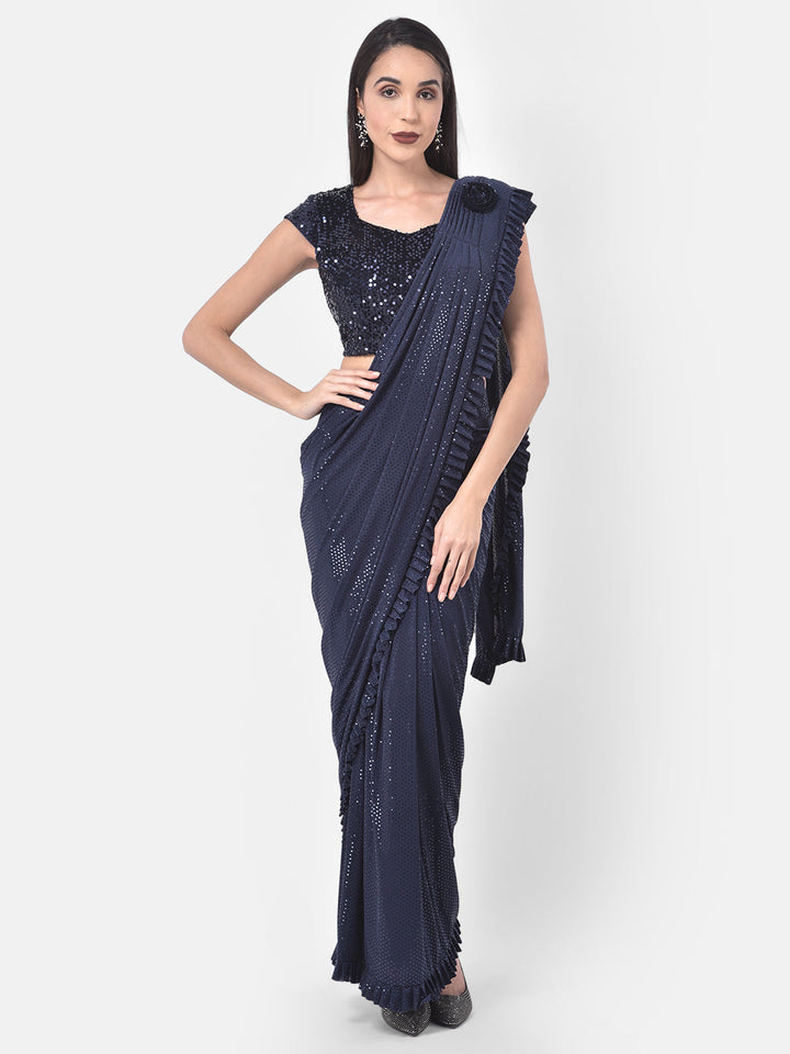 Neerus Blue solid ready to wear saree with blouse - front view